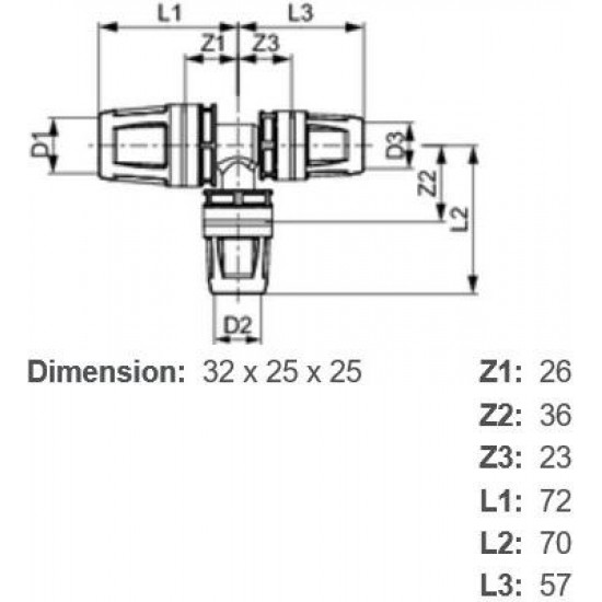 Push-fit trejgabals/pāreja 32 x 25 x 25 TECE