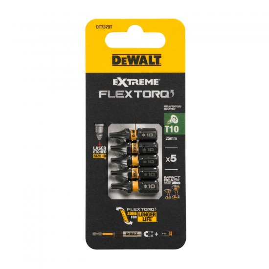 FLEXTORQ skrūvgriežu uzgaļi T10 25 mm, DeWALT, 5 gab. FLEXTORQ skrūvgriežu uzgaļi T10 25 mm, DeWALT, 5 gab.