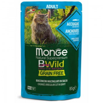 Monge Cat BWild Pouch Grain Free Adult Chunkies in Gravy Anchovies with Vegetables 85 g
