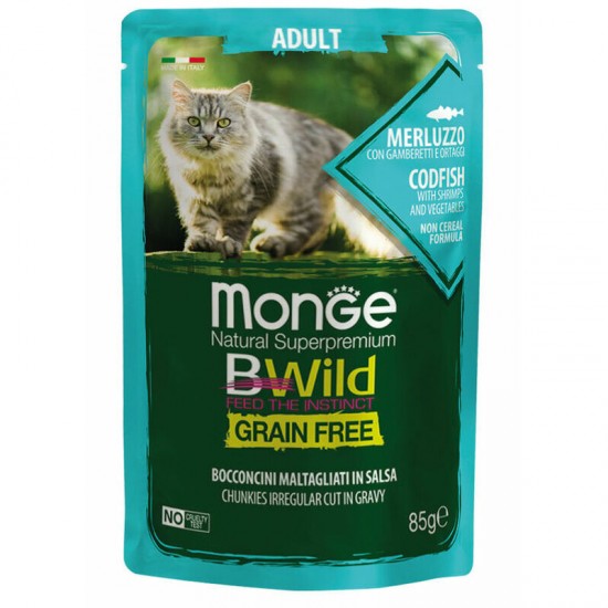 Monge Cat BWild Pouch Grain Free Adult Chunkies in Gravy Codfish with Shrimps and Vegetables 85 g