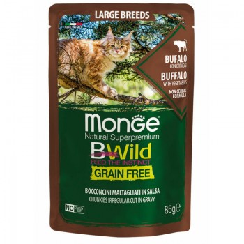  Monge Cat BWild Pouch Grain Free All Life Stages Large Breeds Chunkies in Gravy Buffalo with Vegetables 85 g