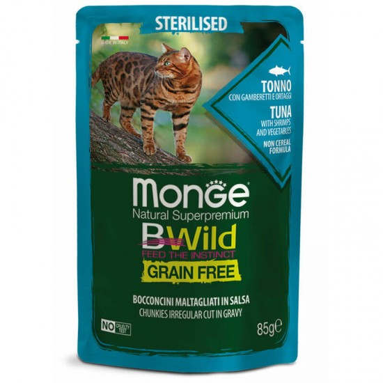 Monge Cat BWild Pouch Grain Free Sterilised Chunkies in Gravy Tuna with Shrimps and Vegetables 85 g