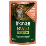  Monge Cat BWild Pouch Grain Free Sterilised Chunkies in Gravy Salmon with Shrimps and Vegetables 85 g