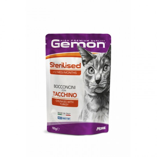 GEMON Wet Cat pouch Sterilised with turkey 100 g - konservi kaķiem