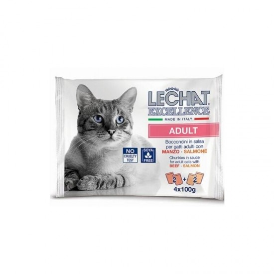 LECHAT Excellence pouches ADULT beef/salmon 4x100 g - konservi kaķiem