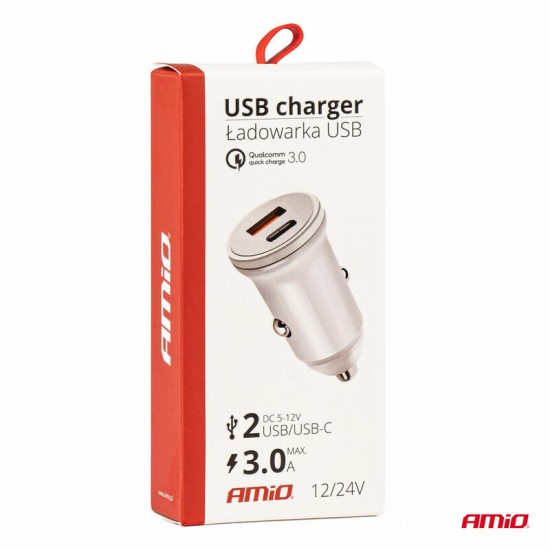 Telefona lādētājs, ātrais 12/24V, 3,1A, USB-C + USB