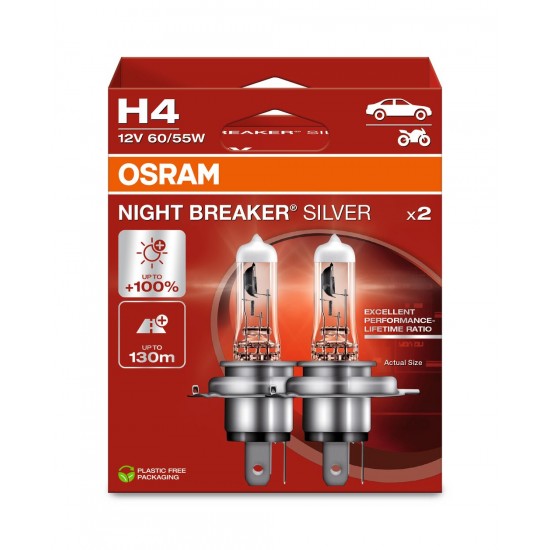 OSRAM NIGHT BREAKER SILVER +100% H4 60/55W 12V P43T 2 gb