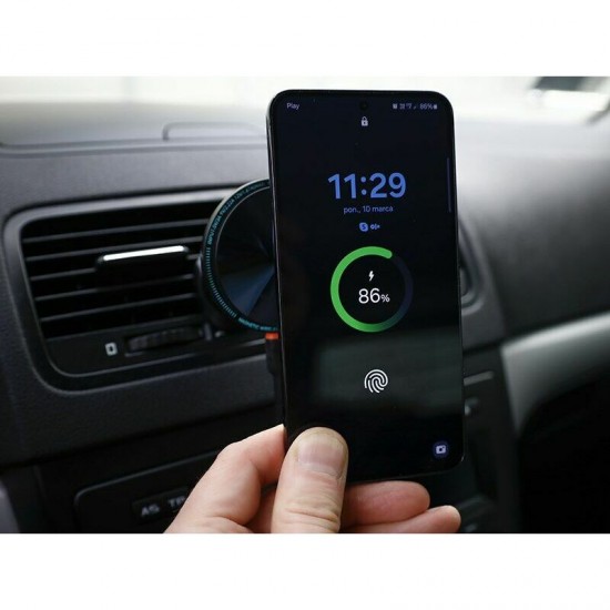 Telefona turētājs stiprināms pie ventilācijas atveres, magnētisks, ar bezvadu lādēšanu