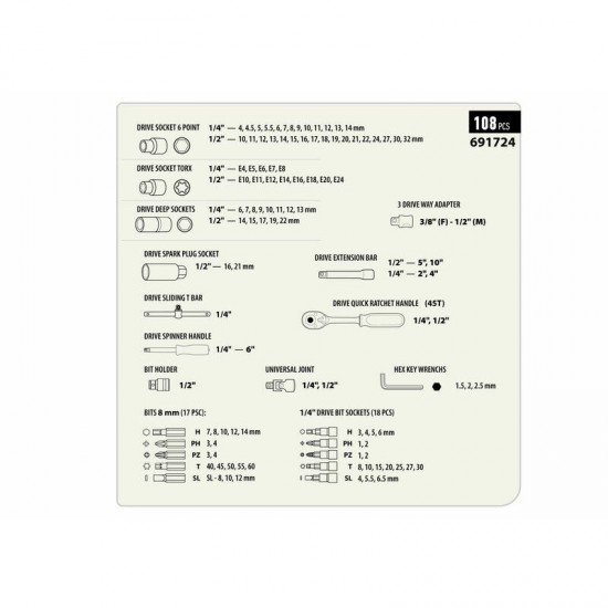 Instrumentu komplekts 1/2", 1/4", 108gab.