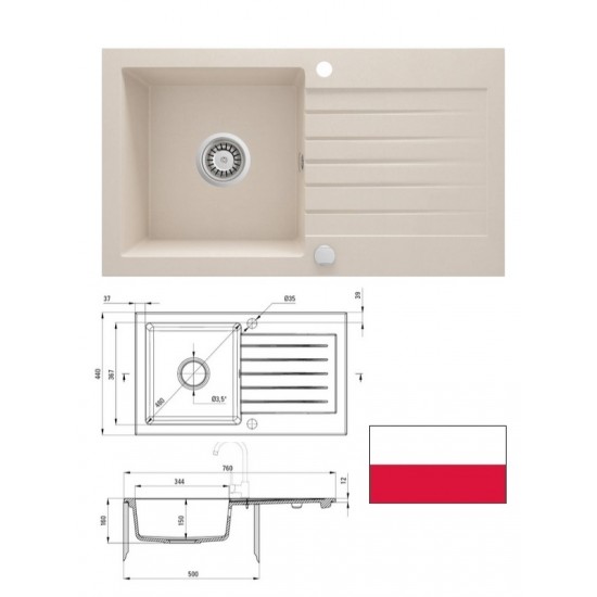 Virt.izlietne granīta bēša 76x44x16cm, ZORBA