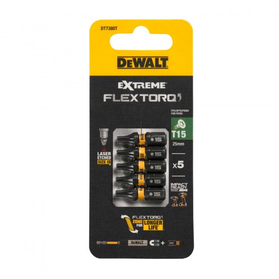 FLEXTORQ skrūvgriežu uzgaļi T15 25 mm, DeWALT, 5 gab.