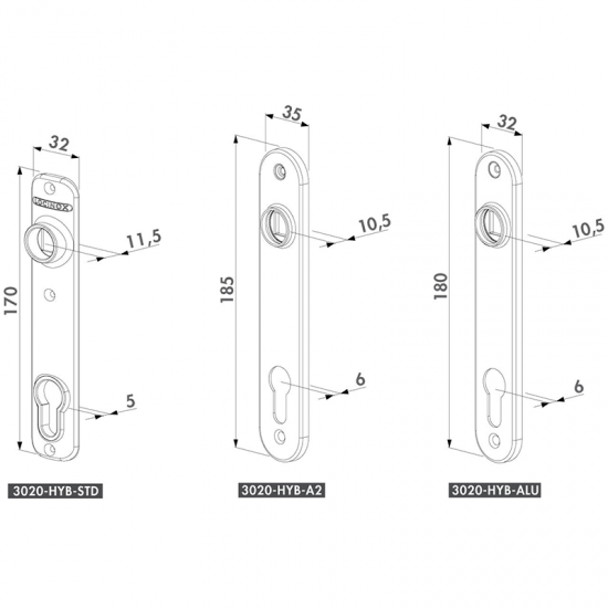 Alumīnija uzlika ievietošanas slēdzenēm 3020-HYB (2 gabali) poliamīda/melna- 32*170/92mm