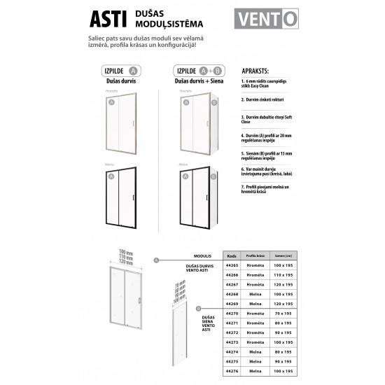 Dušas durvis VENTO Asti 100X195 cm, stikls 6mm Easy Clean caurspīdīgs, hromēts profils