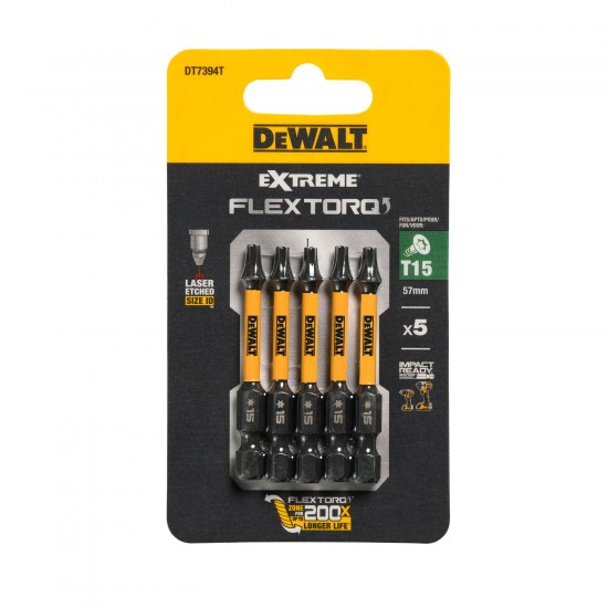 FLEXTORQ skrūvgriežu uzgaļi T15 57 mm, DeWALT, 5 gab.