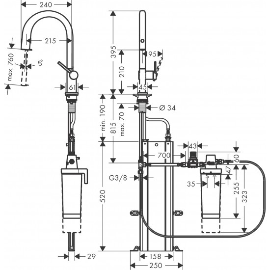 Virtuves izlietnes maisītājs ar izvelkamu dušu Aqittura M91 FilterSystem 210, stainless steel finish