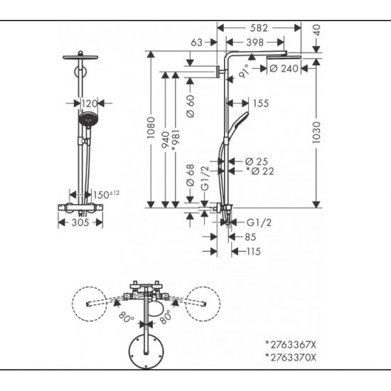 Dušas sistēma ar dušas termostatu Raindance Select S 240 1jet P/Raindance Select S 120 3jet P, matēt