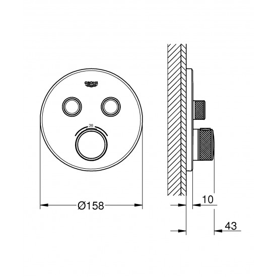 Iebūvējamā dušas termostata SmartControl round virsapmetuma daļa, ar 2 izejām, supersteel