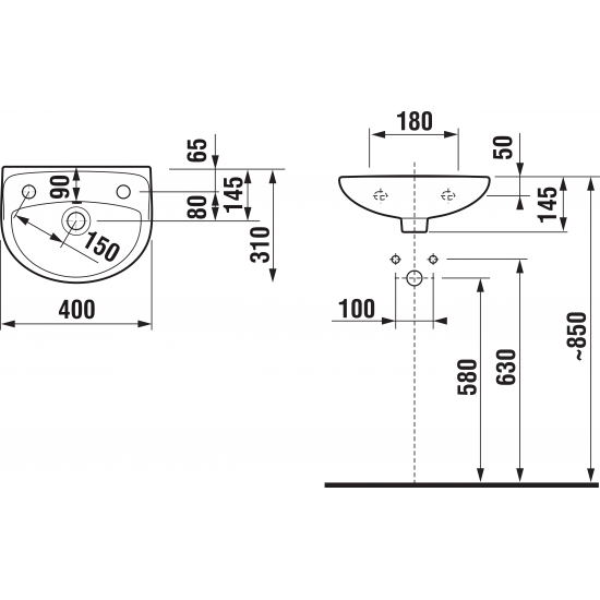 Izlietne Lyra Plus, 400x310 mm, maisītāja caurums labajā pusē, balta