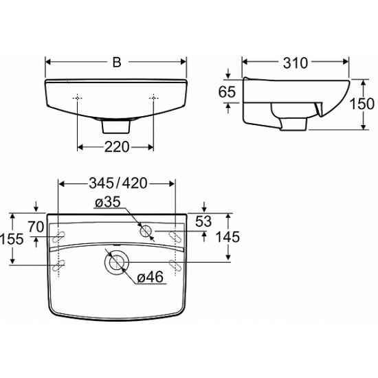 Izlietne Spira, 500x310 mm, maisītāja caurums kreisajā pusē, uz kronšteiniem, balta IC