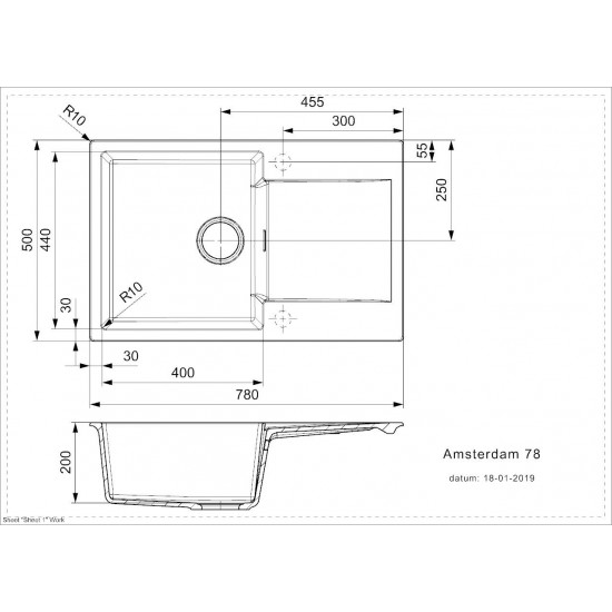 Virtuves izlietne Amsterdam 78, viena bļoda ar plauktu, 780x500 mm, black silvery