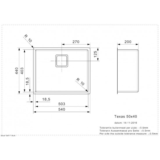 Virtuves izlietne Texas 50x40 (L), viena bļoda, 540x440 mm