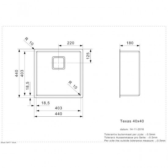 Virtuves izlietne Texas 40x40 (L), viena bļoda, 440x440 mm