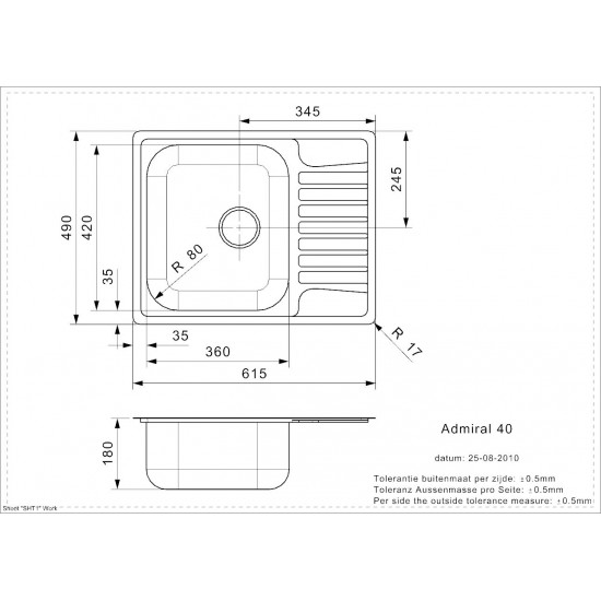 Virtuves izlietne Admiral 40 (L), viena bļoda ar 1/2 plauktu, 615x490 mm /kastē/