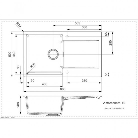 Virtuves izlietne Amsterdam 10, viena bļoda ar plauktu, 860x500 mm, grey silvery