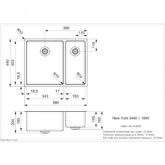 Virtuves izlietne New York 34x40+18x40 (L), 1.5 bļoda, 580x440 mm