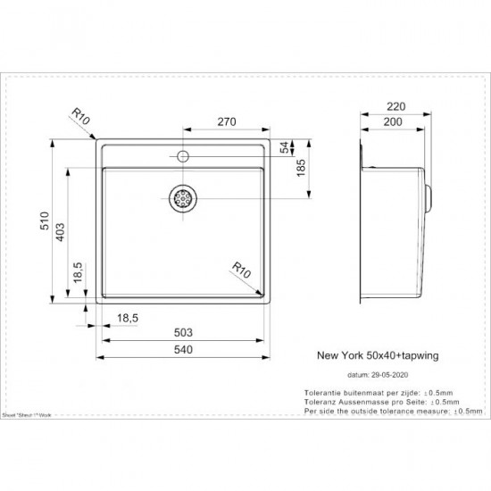 Virtuves izlietne New York 50x40 Tapwing (L), viena bļoda, 540x440 mm