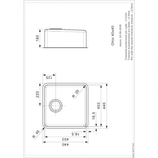 Virtuves izlietne Ohio 40x40 (L), viena bļoda, 440x440 mm