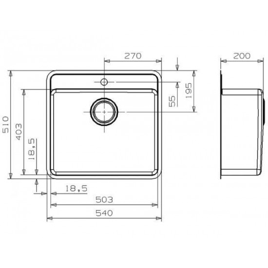 Virtuves izlietne Ohio 50x40 Tapwing (L), viena bļoda ar maisītāja caurumu, 540x510 mm