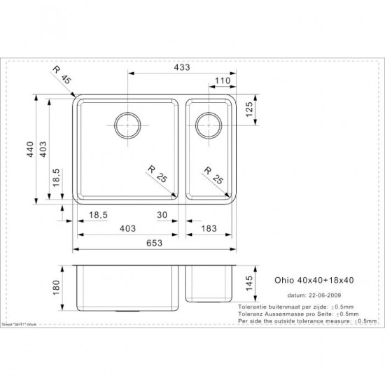 Virtuves izlietne Ohio 40x40+18x40 (L), 1.5 bļoda, 653x440 mm