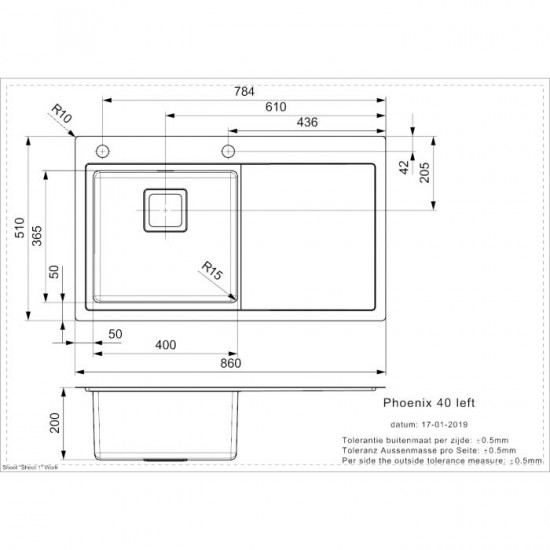 Virtuves izlietne Phoenix 40 (L), viena bļoda ar plauktu, 860x510 mm, kreisā puse