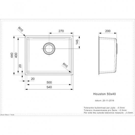 Virtuves izlietne Houston 50x40 (L), viena bļoda, 540x440 mm