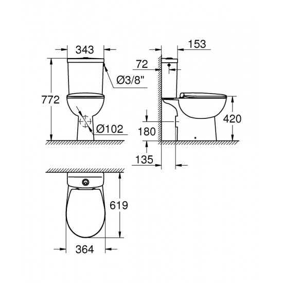 Pods ar QR/SC vāku BauCeramic Rimless, 356x600 mm, horizontāls izvads, balts