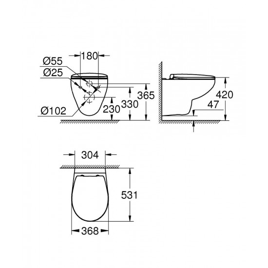 Pods ar QR/SC vāku BauCeramic Rimless, stiprināms pie sienas, 368x531 mm, balts