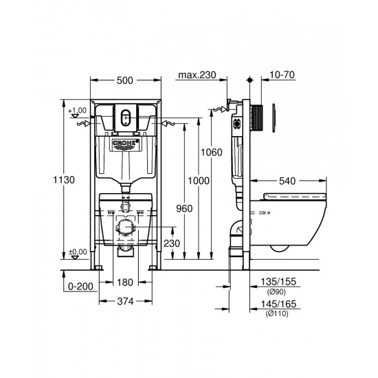 Komplekts - pods ar SC vāku EuroCeramic Rimless, rāmis h=1130 mm, taustiņš Arena Cosmo hroms, stipri