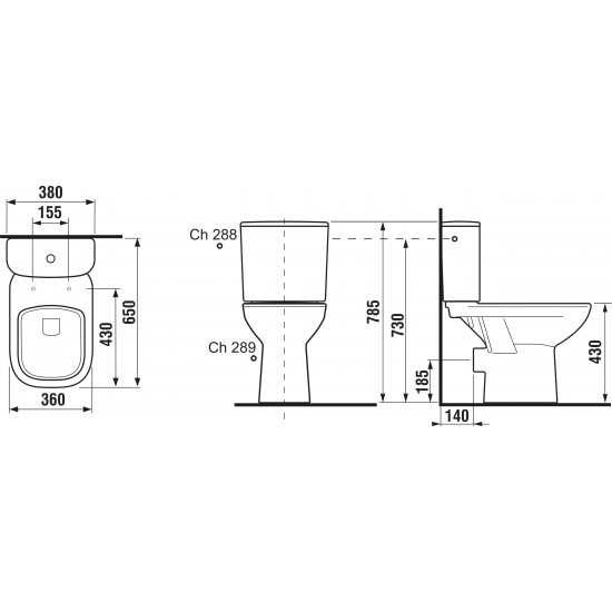 Pods Deep, 360x650 mm, horizontāls izvads, pievads no apakšas, balts