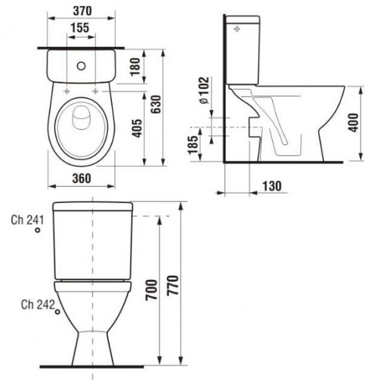 Pods Lyra Plus, 360x630 mm, horizontāls izvads, pievads no apakšas, balts