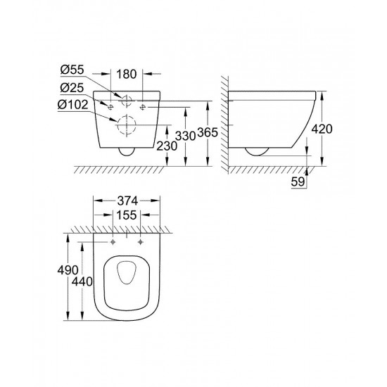 Pods EuroCeramic Compact Rimless, stiprināms pie sienas, 374x490 mm, Triple Vortex, balts