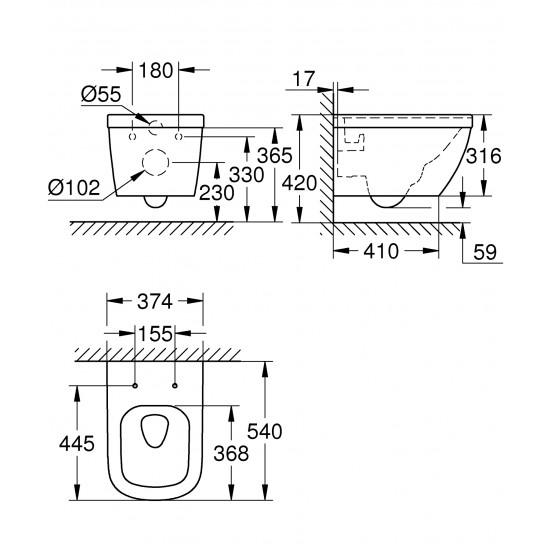 Pods EuroCeramic Rimless, stiprināms pie sienas, 374x540 mm, Triple Vortex, balts PG