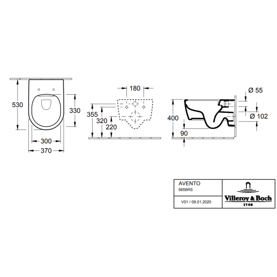 Pods ar QR/SC vāku Avento Rimless, stiprināms pie sienas, 370x530 mm, DirectFlush, balts