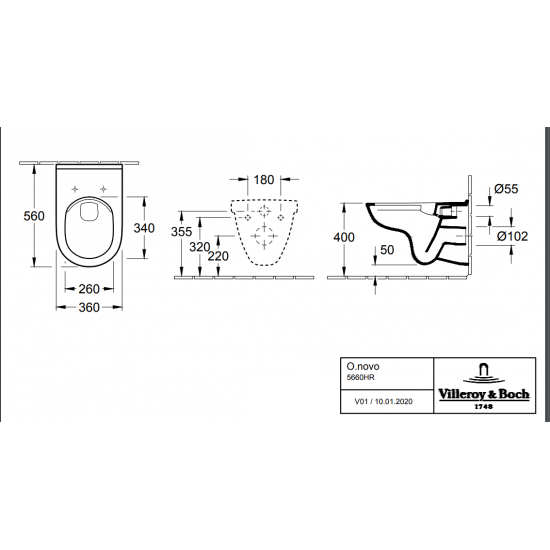 Pods ar QR/SC vāku O.novo Rimless, stiprināms pie sienas, 360x560 mm, balts