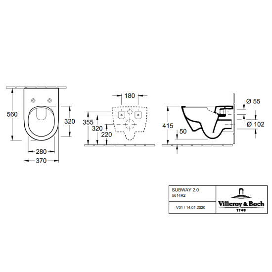 Pods ar QR/SC vāku Subway 2.0 Rimless, stiprināms pie sienas, 370x560 mm, SupraFix, balts