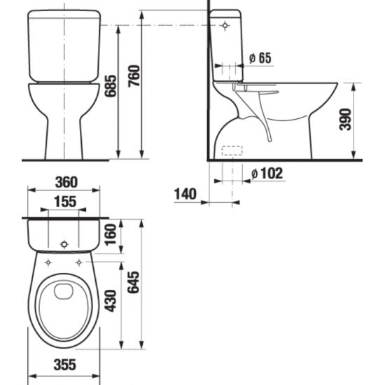 Pods Zeta, 355x645 mm, vertikāls izvads, pievads no apakšas, balts