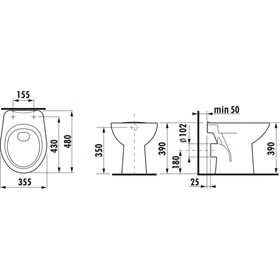 Pods Zeta, stiprināms uz grīdas, 355x480 mm, horizontāls izvads, balts