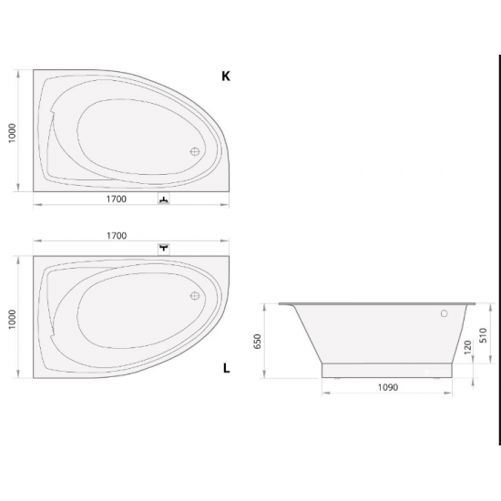 Vanna TRE 170 A, 1700x1000 mm, kreisā puse, balta akmens masas