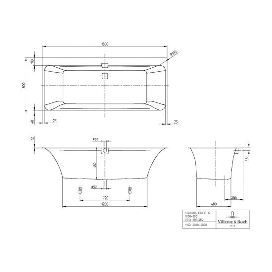 Vanna Squaro Edge 12 Duo, 1800x800 mm, ar sifonu, ar kājām, balta Quaryl®