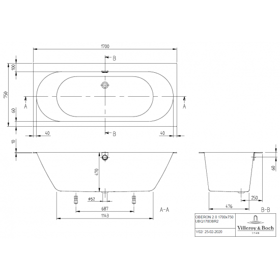 Vanna Oberon 2.0 Duo, 1700x750 mm, ar kājām un sifonu, balta Quaryl®